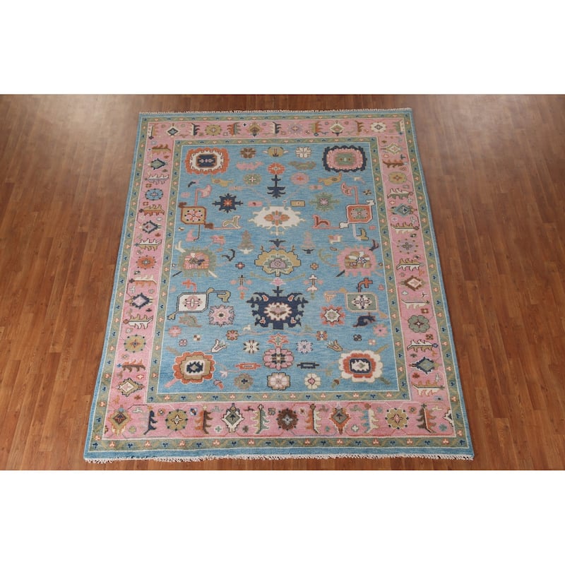 Light Blue & Pink Oushak Oriental Area Rug Wool Carpet - 7'10"x 9'9"