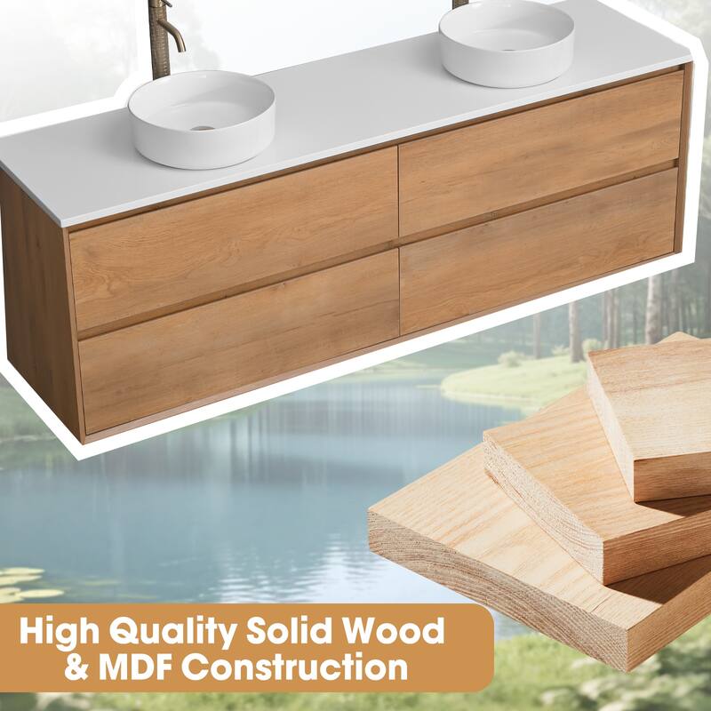 72" Floating Bathroom Vanity Quartz Counter Top with Double Ceramic Vessel Sink - Square Sink