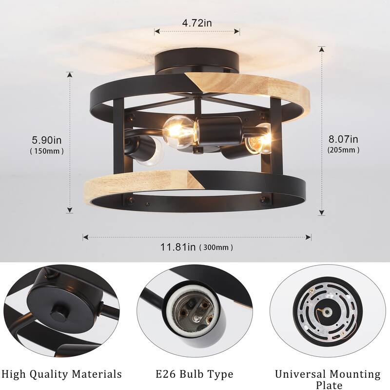 3-Light Drum-shaped Semi Flush Mount Chandelier for Hallway Entryway Dining Room