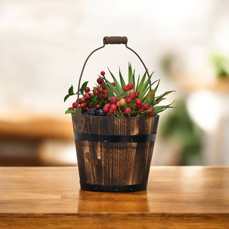 Rustic 6.75" Wood Bucket Planter for Indoor Plants & Tabletop Decor - Brown