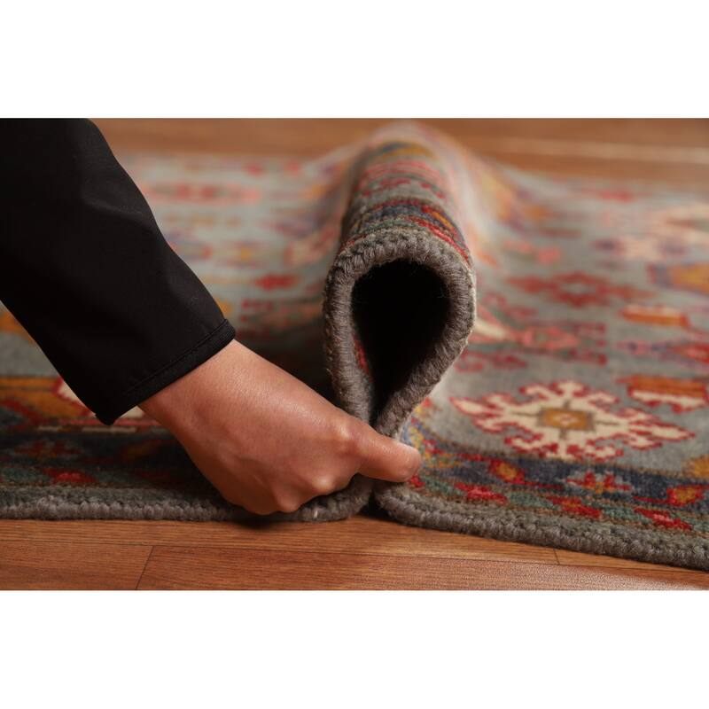 Hand Knotted Oriental 100% Wool Carpet Traditional Geometric Greys & Charcoal Kazak Area Rug - 5' 10'' X 4' 0''