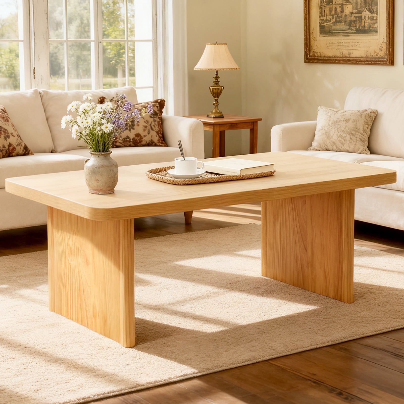 47-Inch Rectangular Center Coffee Table with Solid Pine Wood Legs - 47.24"L x 23.62"W x 17.13"H