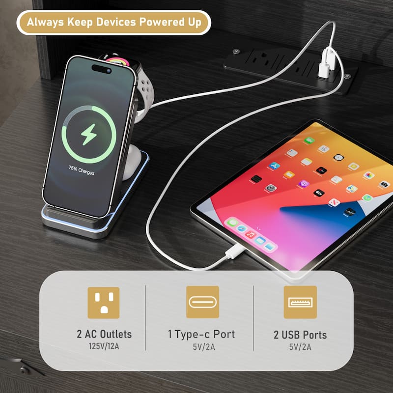 Nightstand End Table Side Table with Charging Station, Storage Cabinet with Adjustable Storage Shelf