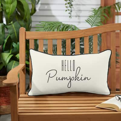 Sunbrella Canvas Natural "Hello Pumpkin" Indoor/ Outdoor Fall Pillow - 13 in L x 20 in W