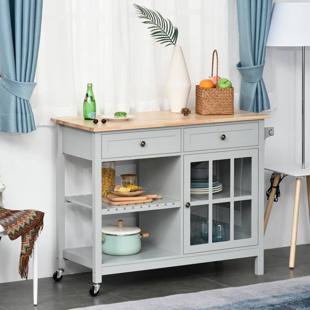 HOMCOM Kitchen Island Utility Storage Cart with Rubber Wood Top, Towel Rack, 2 Cabinets & Drawers for Dining Room