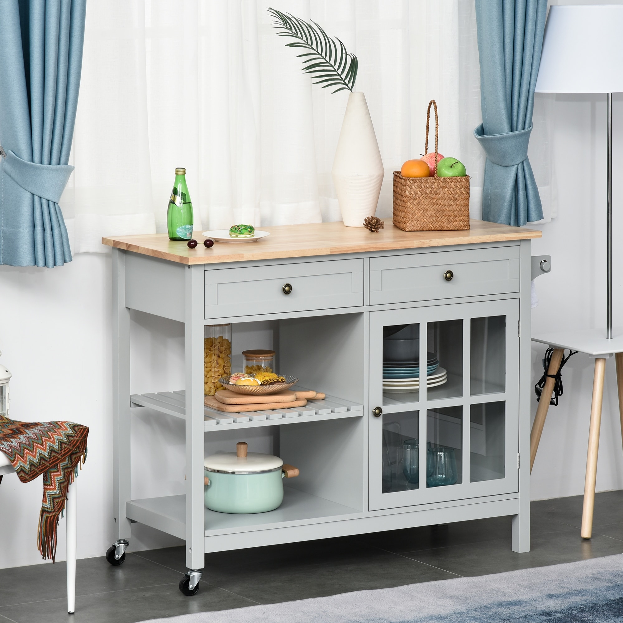 HOMCOM Kitchen Island Utility Storage Cart with Rubber Wood Top, Towel Rack, 2 Cabinets & Drawers for Dining Room