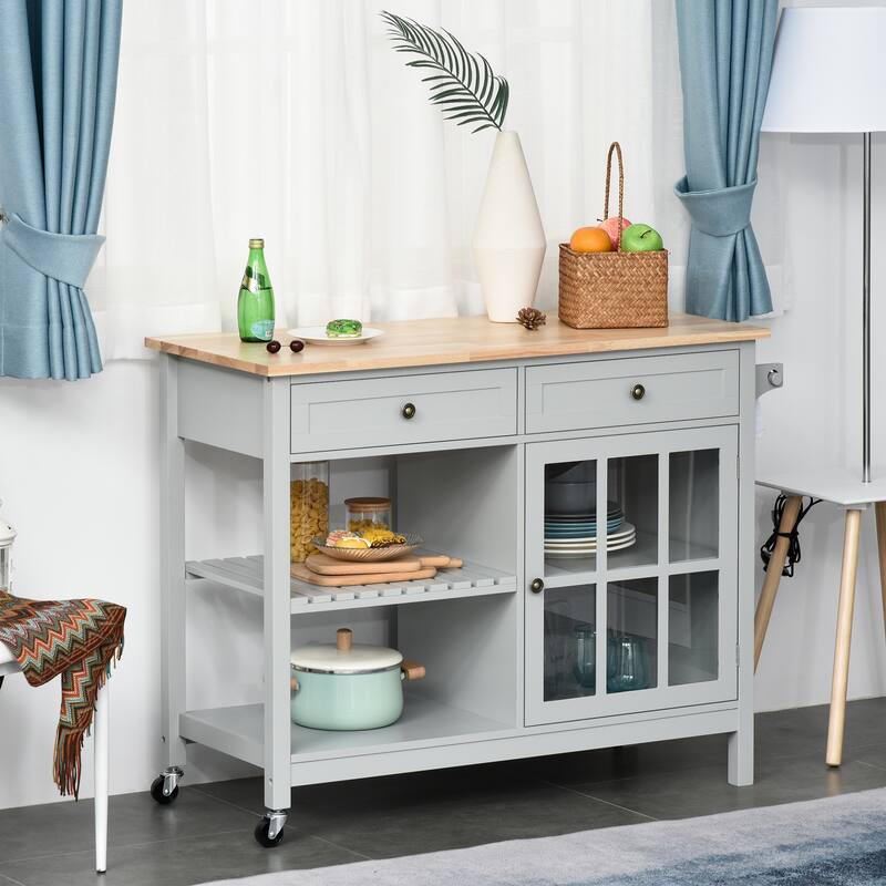 HOMCOM Kitchen Island Utility Storage Cart with Rubber Wood Top, Towel Rack, 2 Cabinets & Drawers for Dining Room