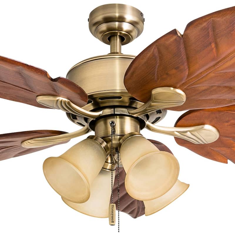 52" Honeywell Royal Palm Aged Brass LED Ceiling Fan with Light, Hand Carved Solid Wood Blades