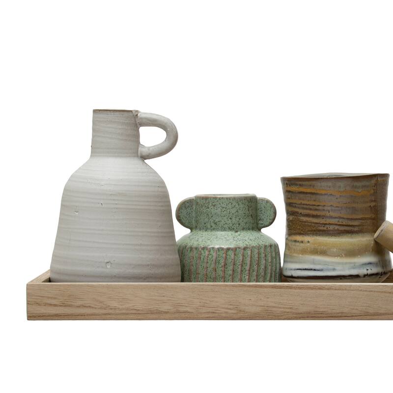 Mango Wood Tray with Candle Holders and Vases