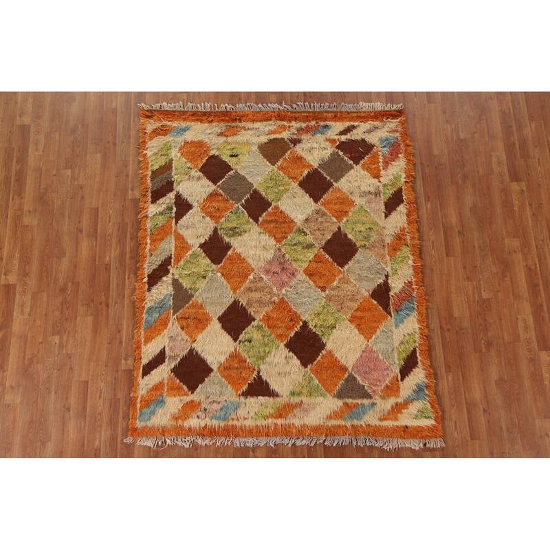 Hand Knotted Oriental 100% Wool Carpet Modern Geometric Oranges & Rust Moroccan Area Rug - 6' 4'' X 5' 2''