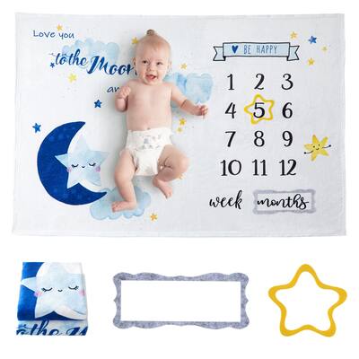 Baby Monthly Milestone Blanket 60''x40'', Moon Star Soft Flannel Age Blanket - 40"x60"
