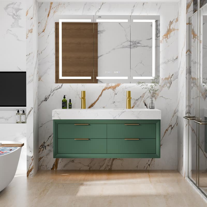 Modland 48" Wall-Mount Double Vanity with LED Light & 6 Drawers - Solid Oak, White / Green - 48 inch