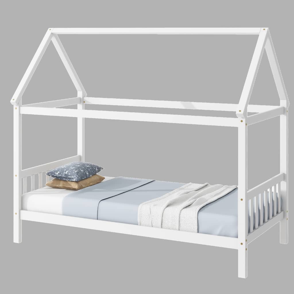 Stylish Twin House Bed with Headboard, Footboard, and Rubber Wood Frame for Kids Bedroom