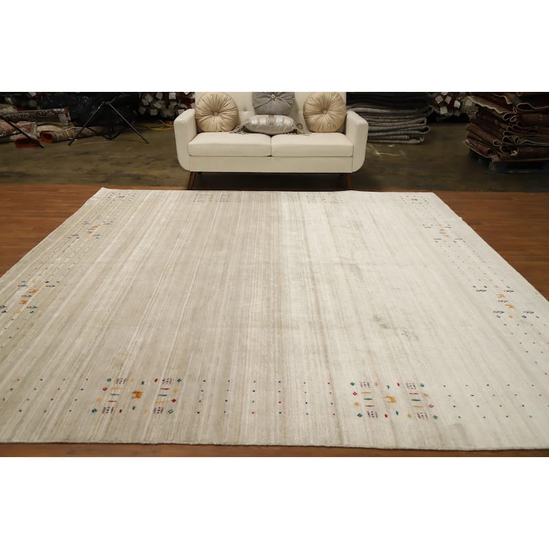 Hand Knotted Oriental Viscose Silk Carpet Tribal Animal Pictorial Beige & Ivories Gabbeh Area Rug - 9' 9'' X 10' 0''