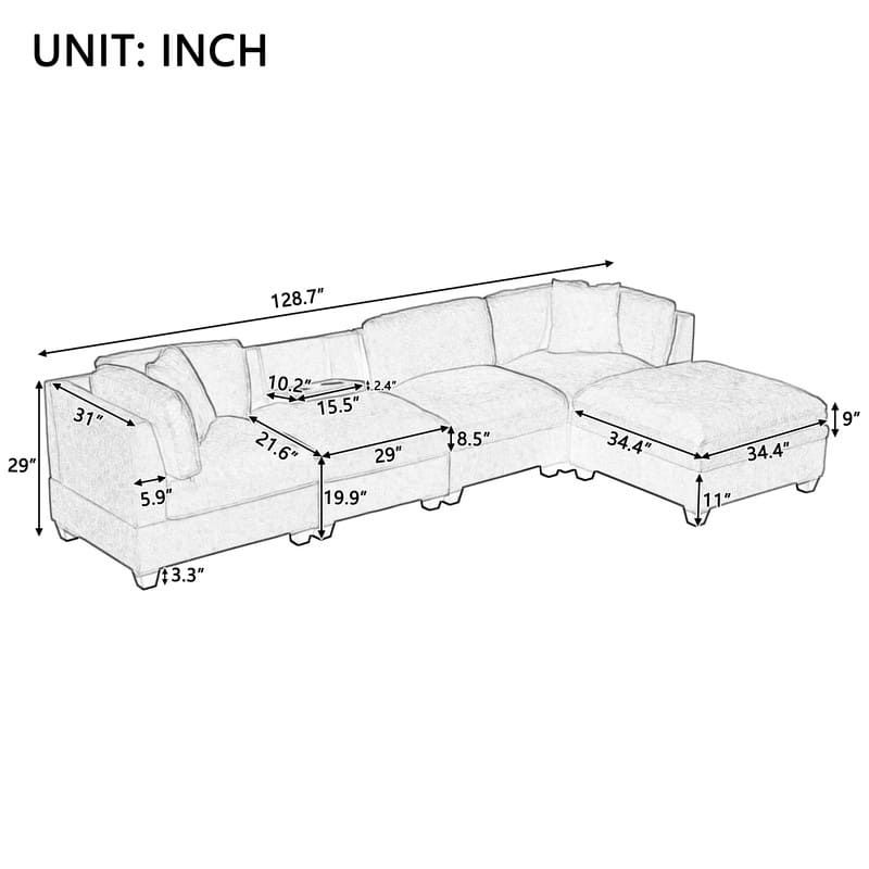 Modular Sofa with Removable Storage Ottoman, 2 Hidden Cup Holders