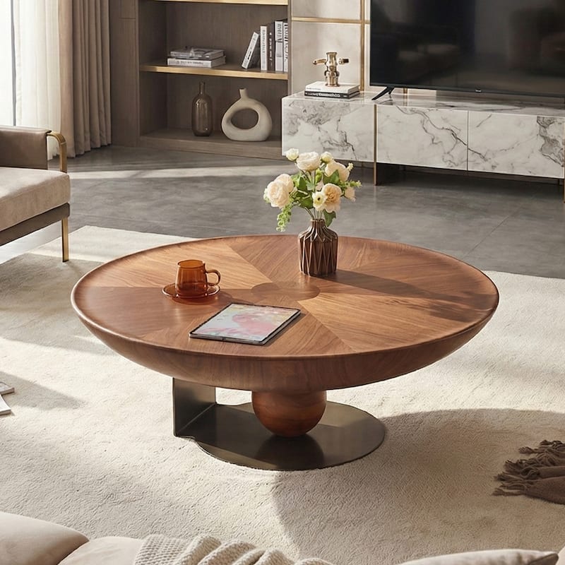Modern Round Coffee Table with Walnut Finish MDF Top & Stainless Steel Base - MDF - Walnut