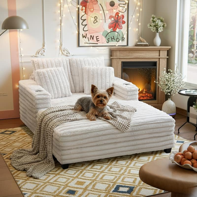 Modern Cream Faux Rabbit Fur Single Chaise Lounge with 2 Cup Holders, 2 Pillows & Solid Wood Frame, Cozy Daybed Sofa Chair