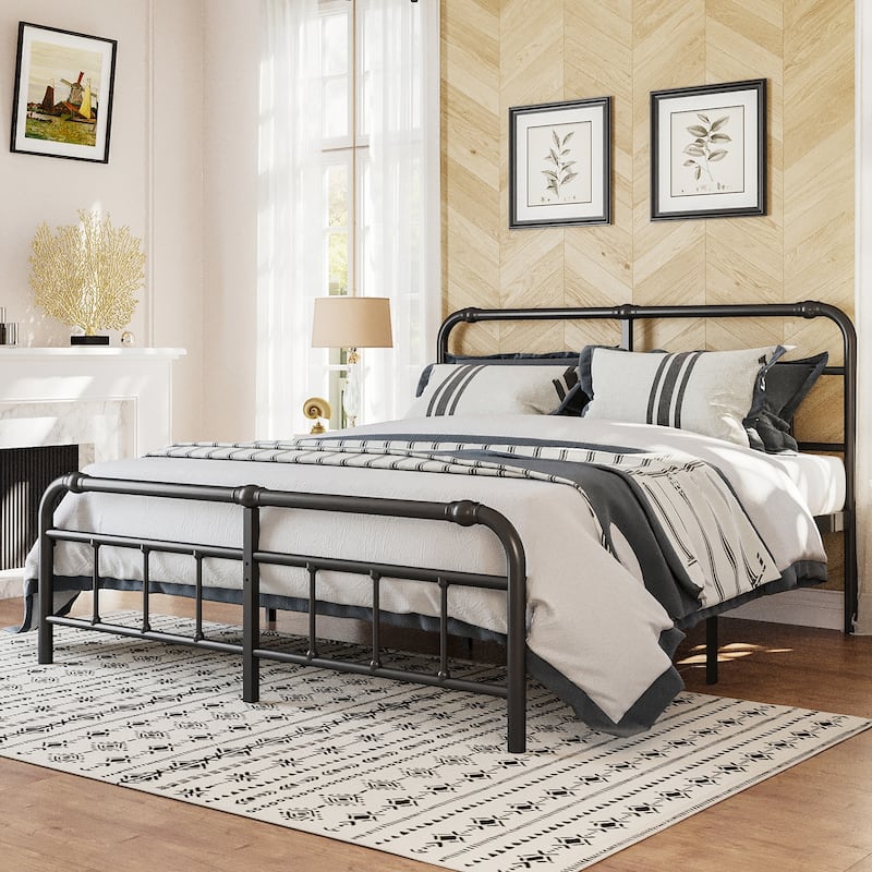 Metal Bed Frame with Victorian Style Wrought Iron-Art Headboard and Footboard