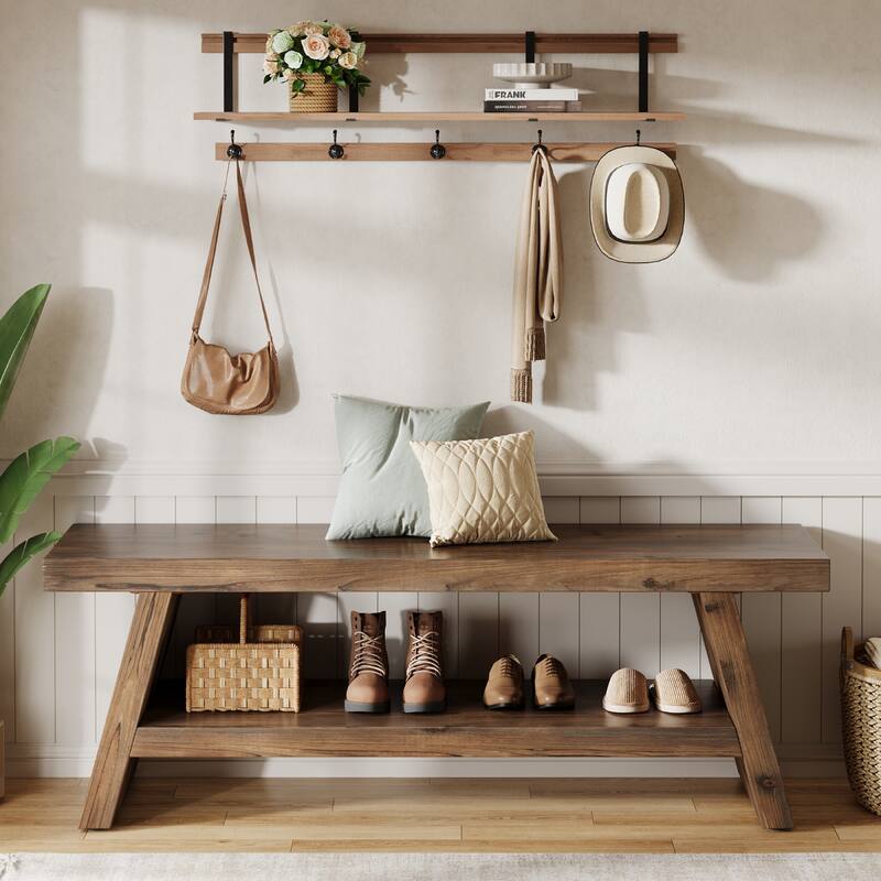 2 Tier Shoe Rack Bench for Entryway, Bedroom, Living Room, Solid Wood Bench Indoor with Storage Shelves