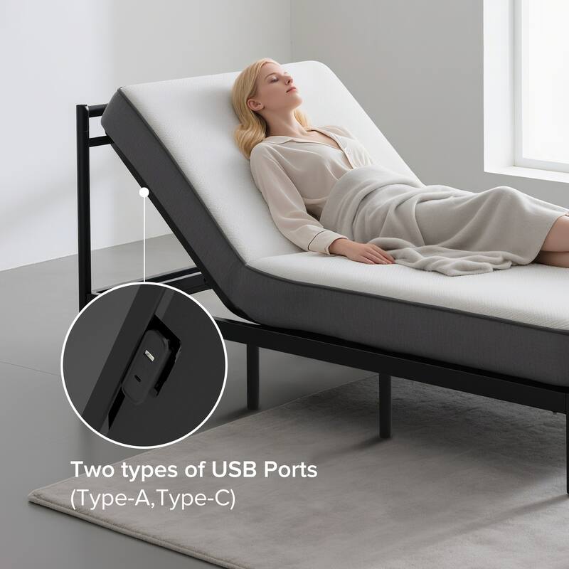 Adjustable Bed Frame with Massage Head & Foot Incline Twin XL Size Wireless Remote,USB ports,LED Light,4 Height-Adjustable Legs