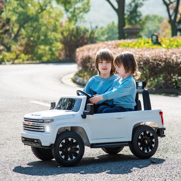 slide 2 of 17, 24V Chevrolet Silverado Ride-On Truck for Kids Dual Control Remote Control Bluetooth Licensed Design Christmas Gift White