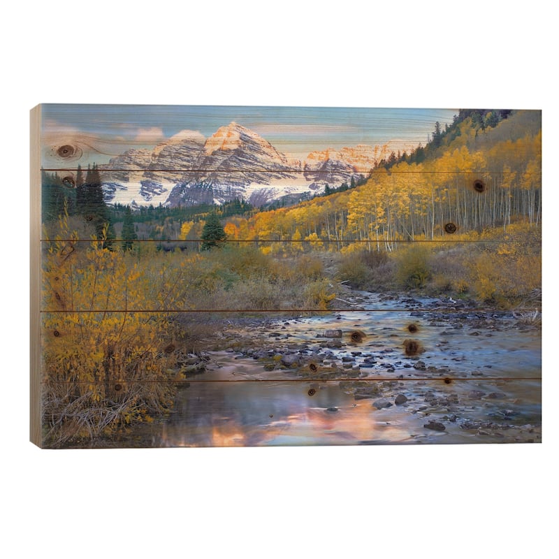Maroon Bells And Maroon Creek In Autumn, Colorado Print On Wood by Tim Fitzharris - Multi-Color - 26x40x1.5