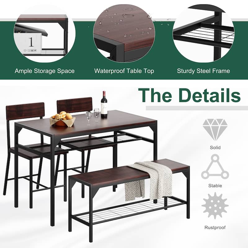4-Piece Dining Set with Bench & Chairs - Space-Saving Table Set for Kitchen, Breakfast Nook