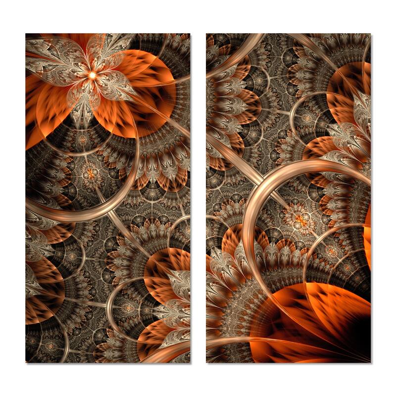 Designart "Orange Brown Digital Art Fractal Flower" Floral Canvas Wall Art Print 2 Piece Set