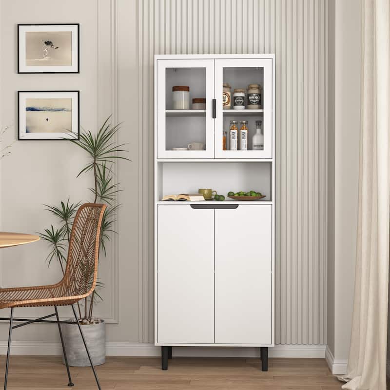 Anmytek White 4-Door Tall Storage Cabinet, Tempered Glass Doors, Adjustable Shelves, MDF Bookcase for Living Room Bedroom