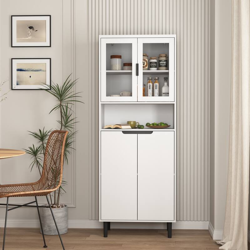Tall Storage Bookcase with 2 Glass Display Door & 2 Doors, Tall Kitchen Pantry Cabinet with Gold Handles