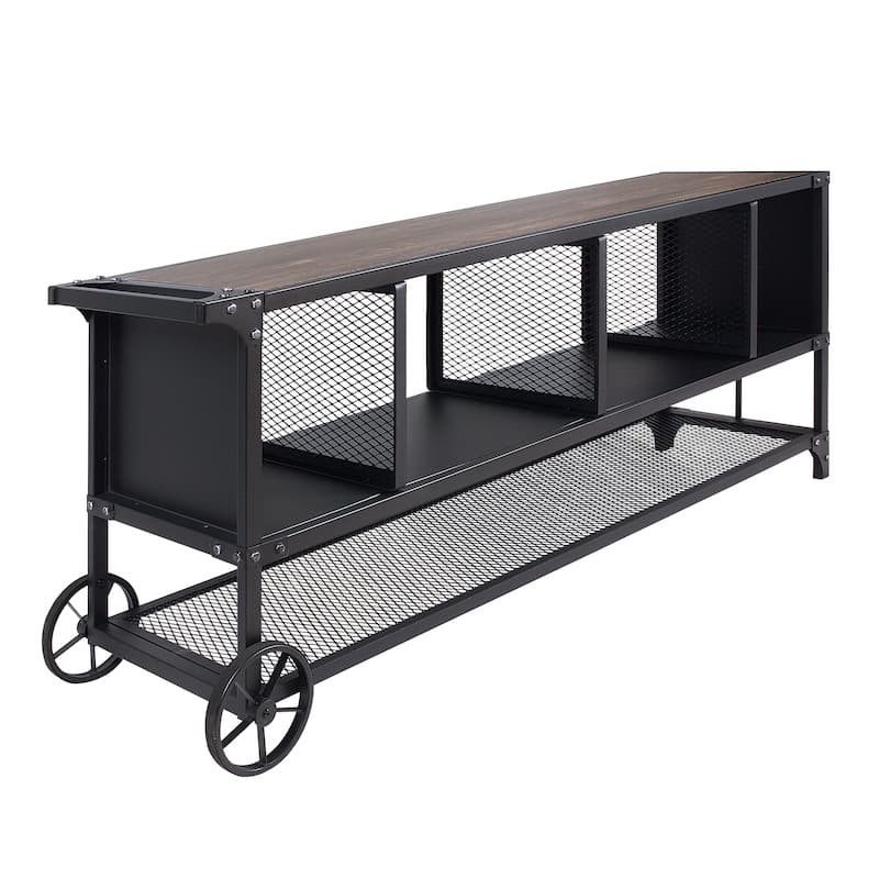 Krueger Rustic Sand Black 68-inch Steel Powder Console with Wire Mesh by Furniture of America - Dark Walnut