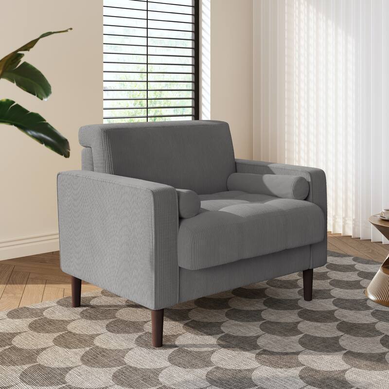 Modern Upholstered Corduroy Wide Armchair with Bolster Pillows