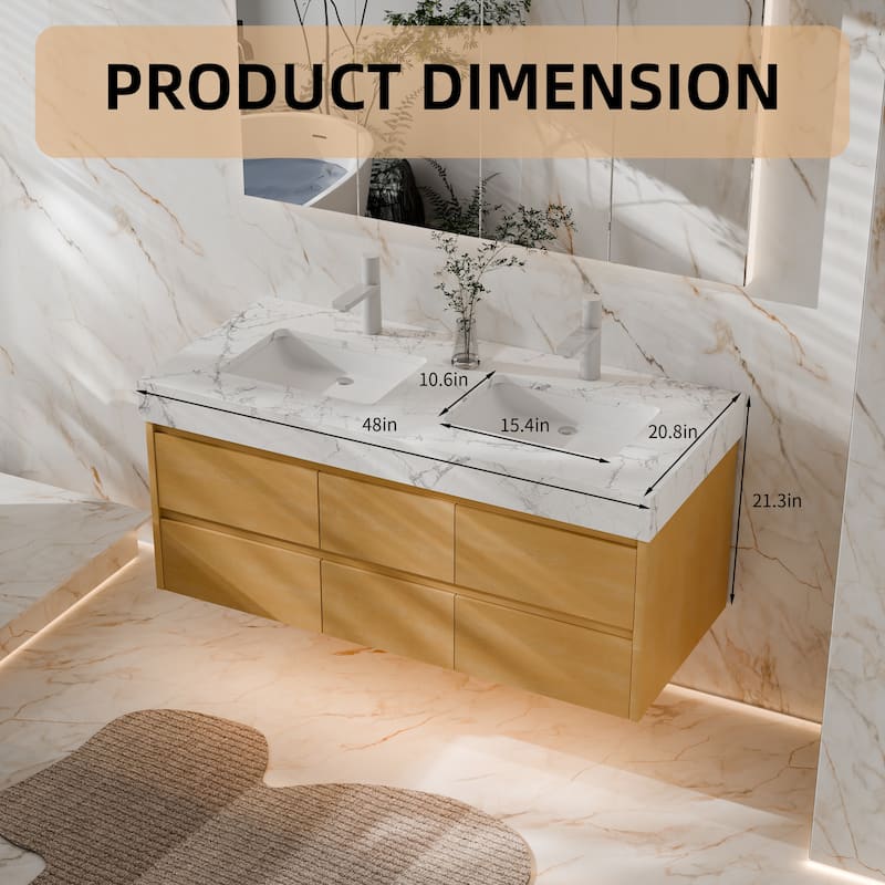 Modland 48" Wall-Mount Double Vanity with LED Lights & 6 Soft-Close Drawers - Engineered Stone Top, Maple Finish - 48 inch