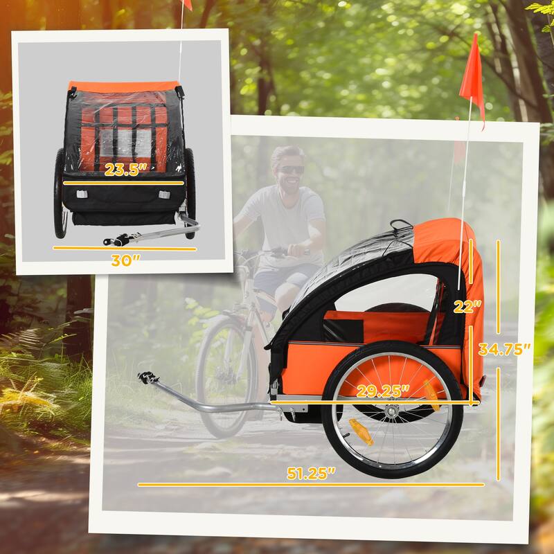 Kids Bike Trailer for Two with Steel Frame, 5-Point Harness, Roll-Up Door, and Large Wheels for Smooth Ride