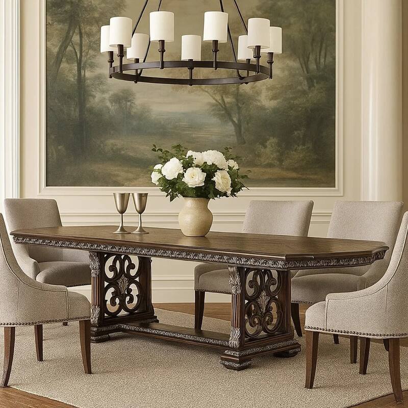 Naddy Dining Table, 80-112 Inch Extendable Top, Dark Brown Floral Motifs - Dark Brown