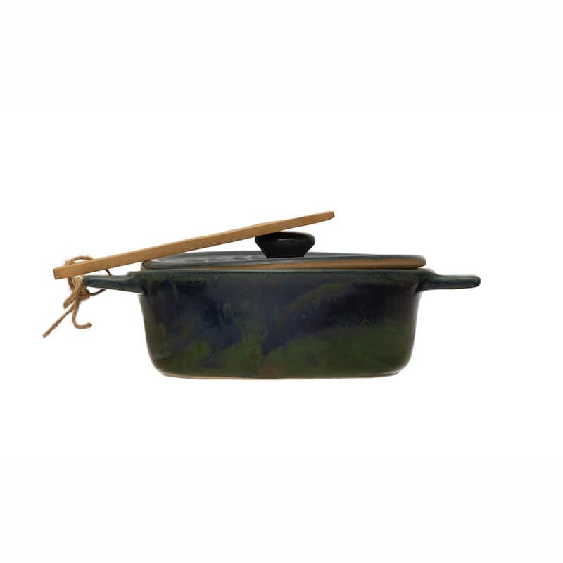 Stoneware Brie Baker with Bamboo Spreader - Blue