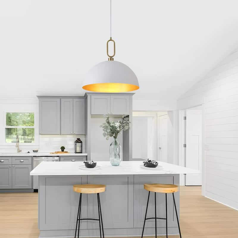 1-Light Industrial Metal Dome Pendant with Golden Ring Accent