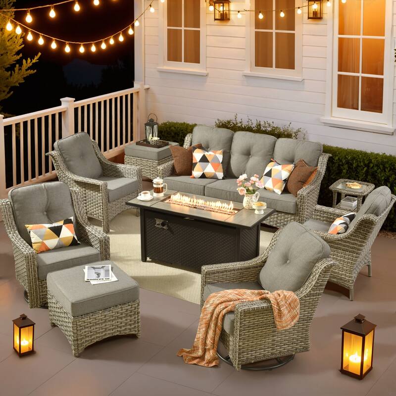 HOOOWOOO 9-piece Patio Furniture Set High Backrest Swivel Chairs with Fire Pit - Dark Grey