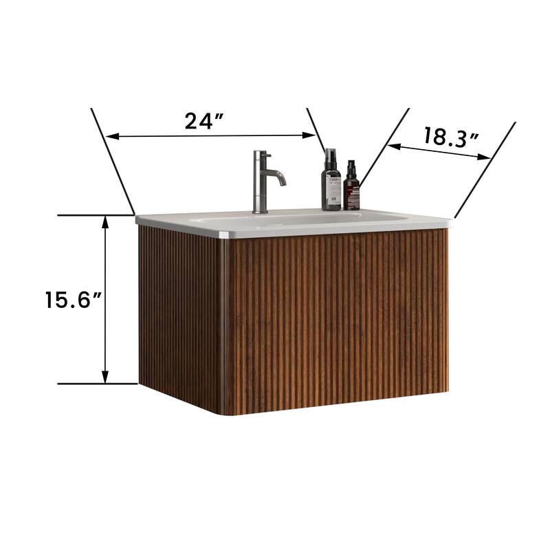 24 Inch Striped Walnut Bathroom Vanity with White Ceramic Sink,Wall Mounted Floating Bathroom Vanity for Modern Bathroom