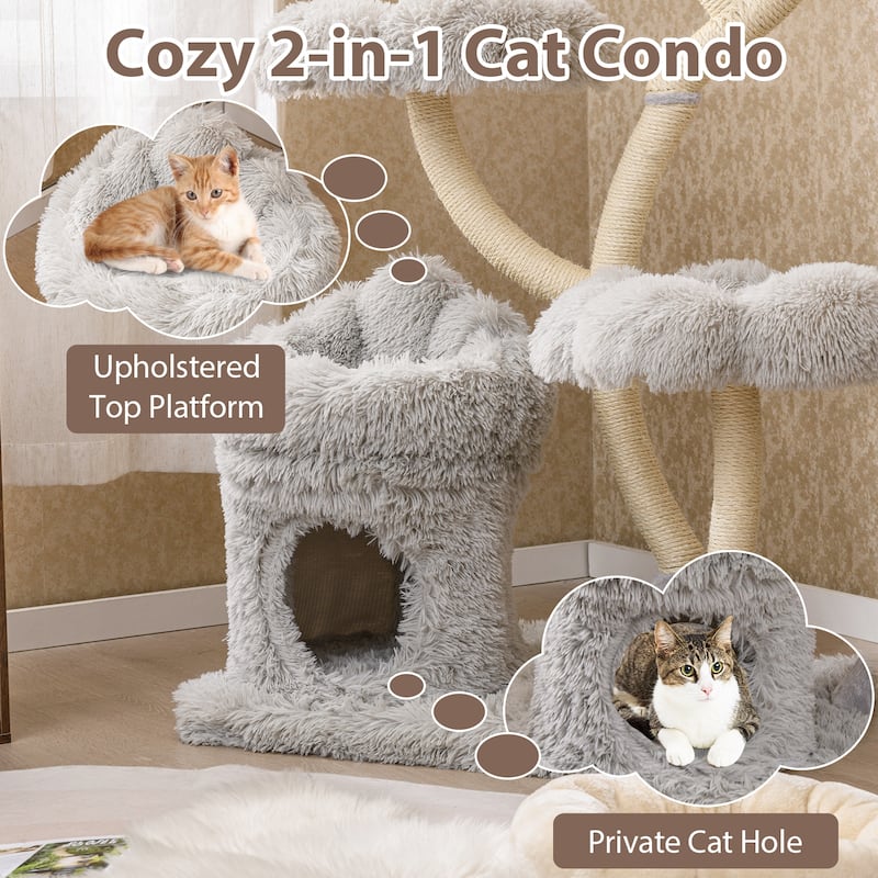 White Wood Plush Cat Tower with Condo, Sisal Posts and Flower Platforms - Overall Height: 65"