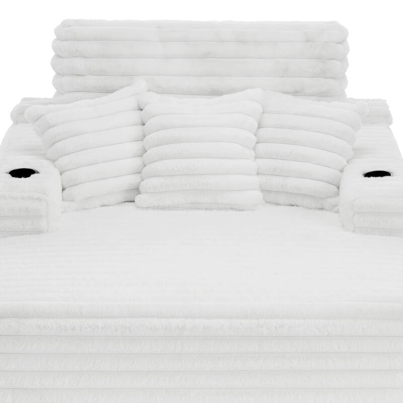 53"W Oversized Plush Fur-Like Chaise Lounge Sofa with Cup Holder