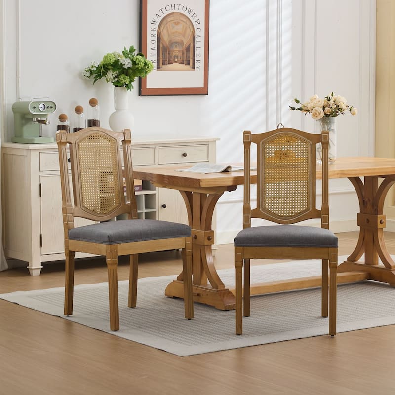 Set of 2 Full Solid Wood Rattan-Back Dining Chair, Matte Linen Cushion with High-Resilience Foam & S-Springs