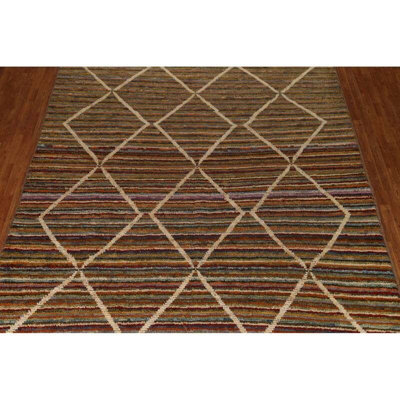 Hand Knotted Oriental 100% Wool Carpet Modern Stripe Multi-Colored Moroccan Area Rug - 13' 0'' X 9' 7''