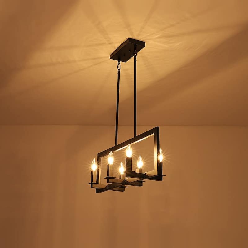 Modern Farmhouse 6-Light Black Rectangle Island Pendant Textured Glass