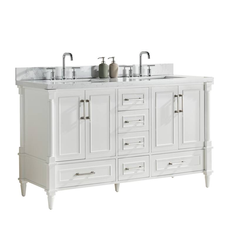 GDFStudio - Modern 60" Freestanding Bathroom Vanity with Dual Engineered Carrara Marble, Fully Assembled