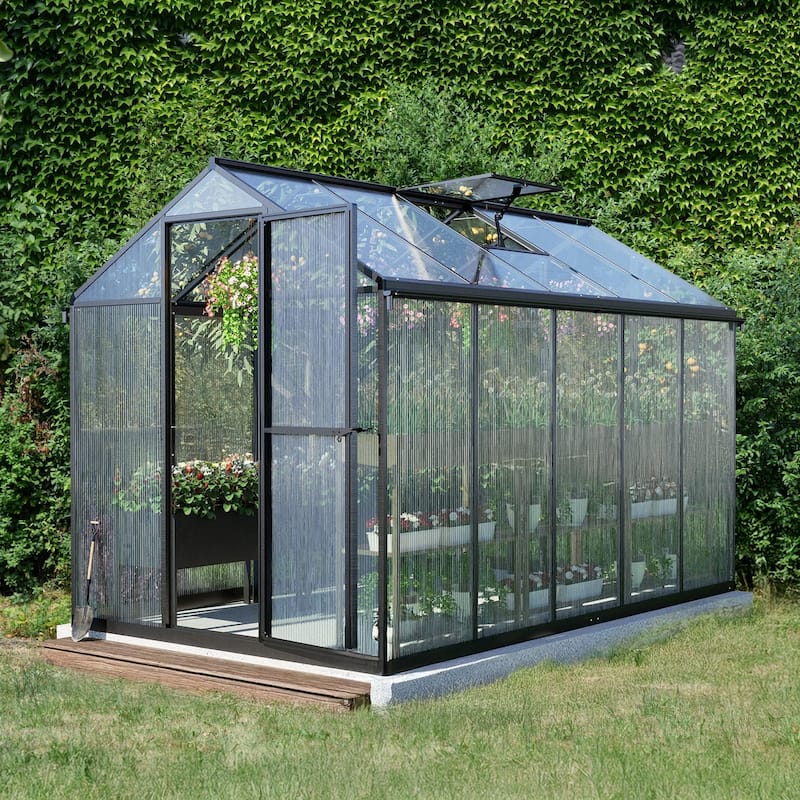 Aoodor 6' x 10' Polycarbonate Walk-in Greenhouse with Aluminum Frame and Roof Vent