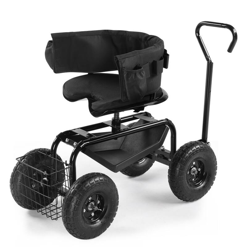 Rolling Garden Cart with Cushioned 360° Swivel Seat, Extendable Handle, Inflatable Wheels - 35" x 29.1" x 23.6"