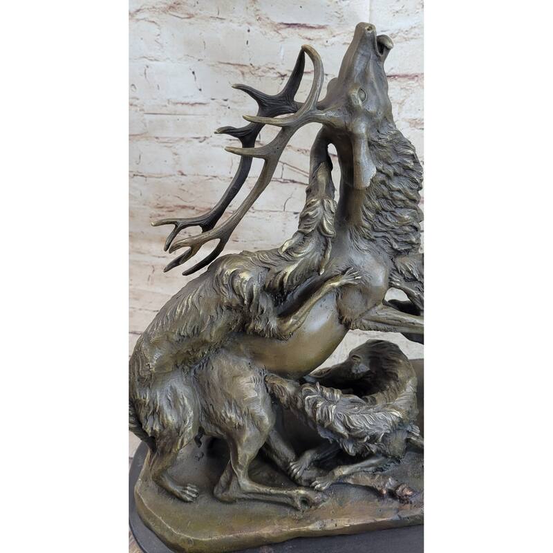 Elk Reindeer Attacked By Hunting Dogs Bronze Statue Sculpture Figure Barye 14 Inches X 16 Inches
