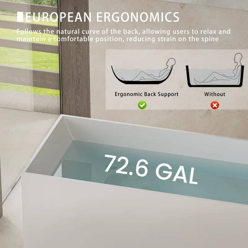 ABRUZZO 67" x 28" Freestanding Solid Surface Soaking Bathtub with Overflow & Pop-Up Drain