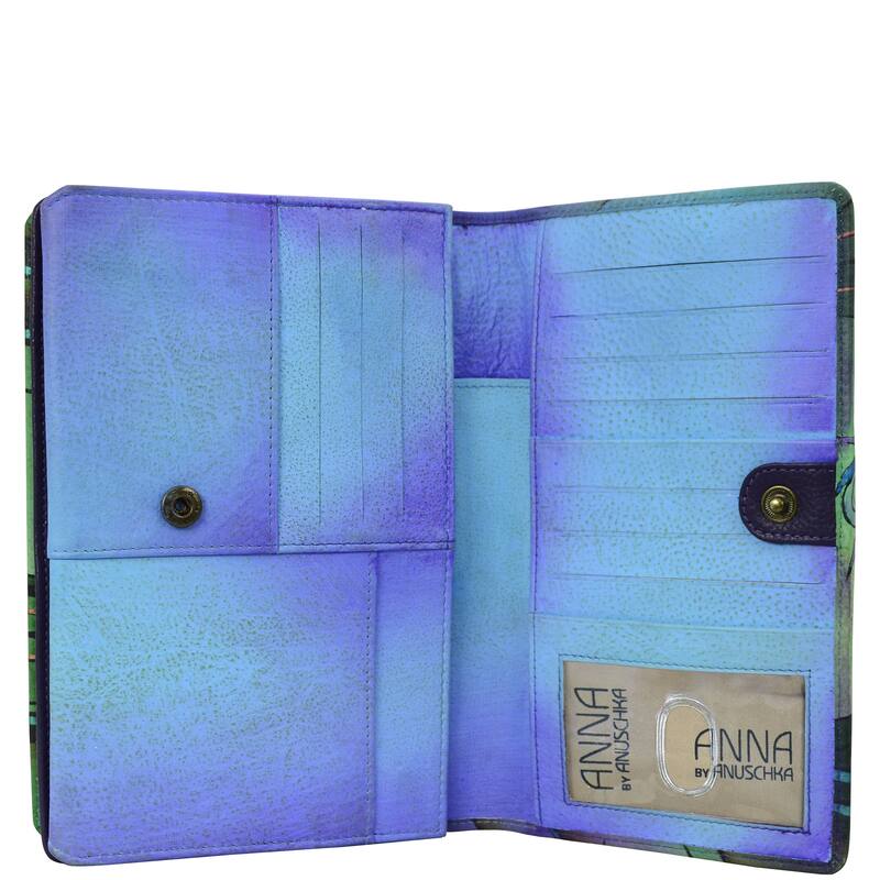 Handpainted Leather Ladies Organizer Wallet On a String - Midnight Peacock